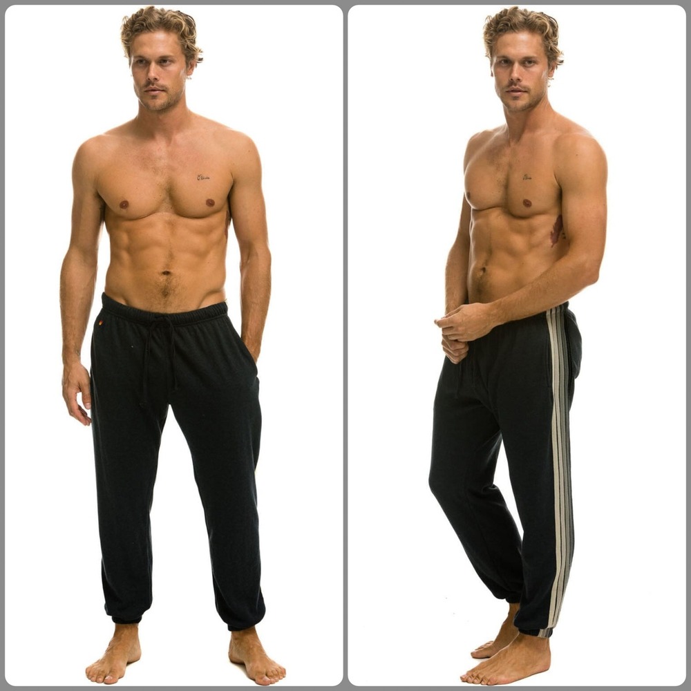 Aviator Nation 5 Stripe Sweatpants Charcoal Grey Lounge Joggers Pockets Men SM‎